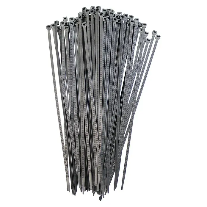 Profi Depot Kabelbinder - Schwarz, 290 x 4,8 mm, 100 Stk. - Bündel von grauen Kabelbindern, die für die Organisation und Sicherung von Kabeln oder anderen Gegenständen verwendet werden.