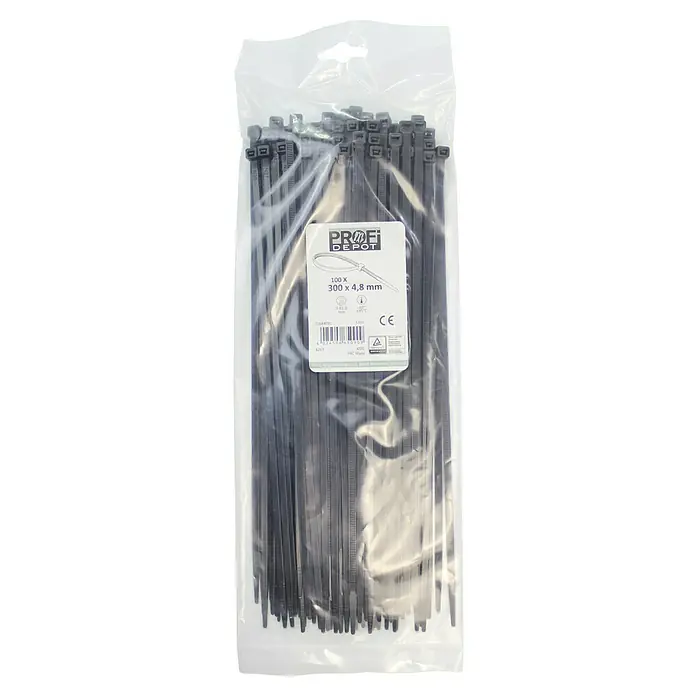 Profi Depot Kabelbinder - Schwarz, 290 x 4,8 mm, 100 Stk. - Eine Packung schwarze Kabelbinder von PROFI DEPOT mit der Aufschrift "100 X 300 x 4,8 mm", ideal für vielfältige Befestigungsaufgaben.