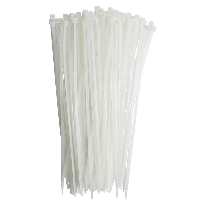 Profi Depot Kabelbinder - Transparent, 290 x 4,8 mm, 100 Stk. - Ein Bündel weißer Kabelbinder. Diese Kabelbinder sind ideal für die Organisation und Sicherung von Kabeln.