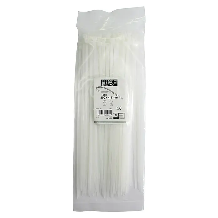 Profi Depot Kabelbinder - Transparent, 290 x 4,8 mm, 100 Stk. - Eine Packung mit 100 weißen Kabelbindern der Größe 300 x 4,8 mm von Profi Depot, ideal für diverse Befestigungsarbeiten.
