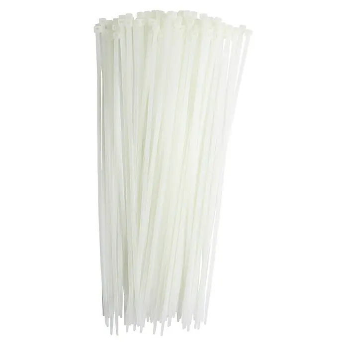KabelbinderTransparent, 360 x 4,8 mm, 100 Stk. - Ein Bündel weißer Kabelbinder, die eine praktische Lösung für die Organisation und Bündelung von Kabeln und Gegenständen bieten.