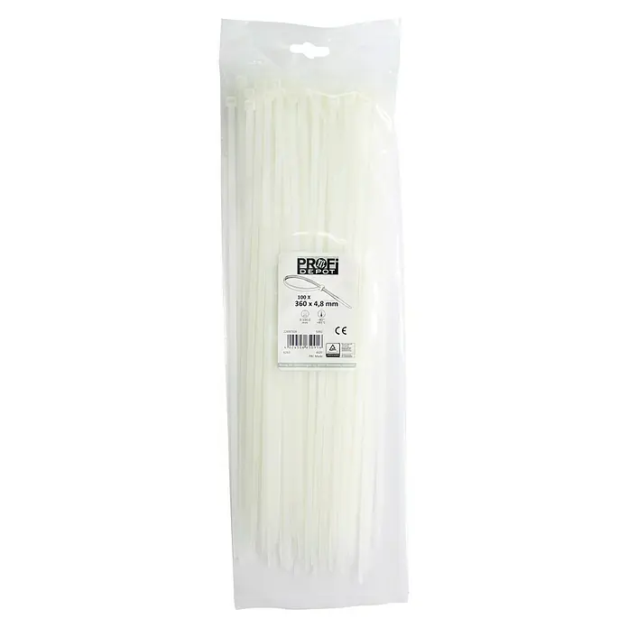 KabelbinderTransparent, 360 x 4,8 mm, 100 Stk. - Eine Packung mit 100 weißen Kabelbindern von Profi Depot, jeweils 360 x 4,8 mm groß, in einer durchsichtigen Verpackung.
