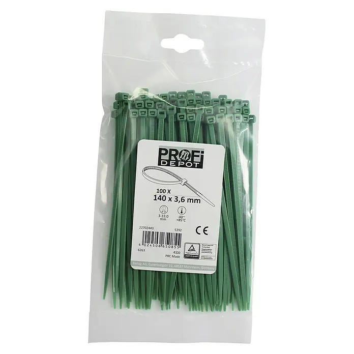 KabelbinderGrün, 140 x 3,6 mm, 100 Stk. - Eine Packung grüne Profi Depot Kabelbinder, 100 Stück, 140 x 3,6 mm, für vielfältige Anwendungen im Haushalt und Garten.