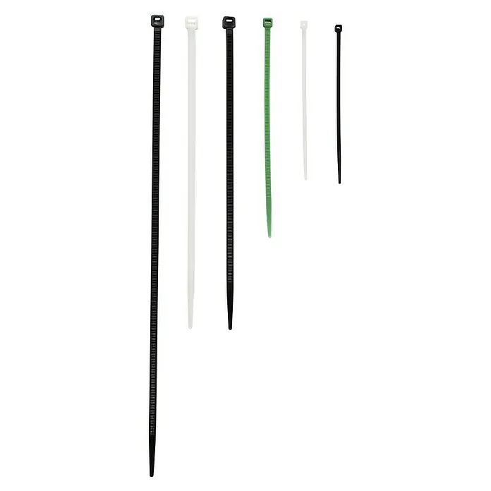 Voltomat Kabelbinder-Set - 600 -tlg. - Eine Nahaufnahme von Kabelbindern in verschiedenen Farben und Größen auf einem schwarzen Hintergrund. Sie sind wesentliche Werkzeuge.