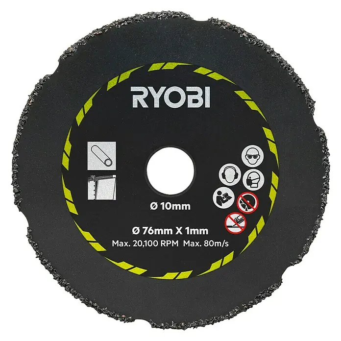 Ryobi Trennscheiben-Set RAKCOT03 - 3 -tlg. - Nahaufnahme einer Ryobi Trennscheibe mit technischen Daten und Sicherheitshinweisen.