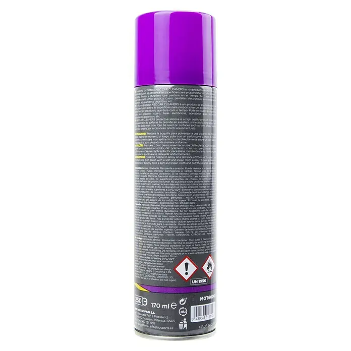 Limpia salpicaderos - 250 ml, New Car - Vista detallada de una lata de silicona protectora ABC CAR CLEANERS, ideal para el cuidado de superficies. Para brillo y protección.