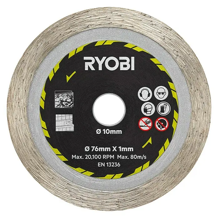 Ryobi Trennscheiben-Set RAKCOT03 - 3 -tlg. - Nahaufnahme einer Ryobi Trennscheibe mit klaren Details zu Marke, Größe und Sicherheitsinformationen, ideal für professionelle Anwendungen.