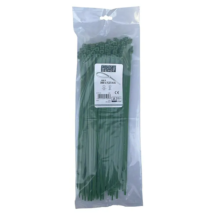 Voltomat Kabelbinder - Grün, 290 x 4,8 mm, 100 Stk. - Eine Packung grüner Kabelbinder, 100 Stück, in einer durchsichtigen Plastikverpackung, ideal für verschiedene Befestigungsanwendungen.