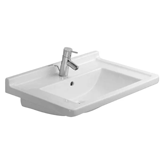 Duravit Starck 3 Waschtisch Typ 3 - 70 x 49 cm, Ohne Spezialglasur, Anzahl Hahnlöcher: 1, Mit Überlauf, Weiß - Schlichtes Waschbecken mit elegantem Chromhahn für ein modernes Badezimmerdesign. Das Becken ist aus weißer Keramik gefertigt.