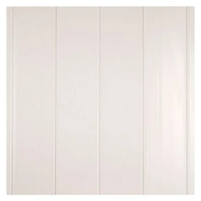 Grosfillex Panel de pared Exapan White Line 3000 - Blanco, 260 cm x 37,5 cm x 8 mm - Primer plano de un panel de pared blanco con ranuras verticales, ideal para espacios interiores elegantes.