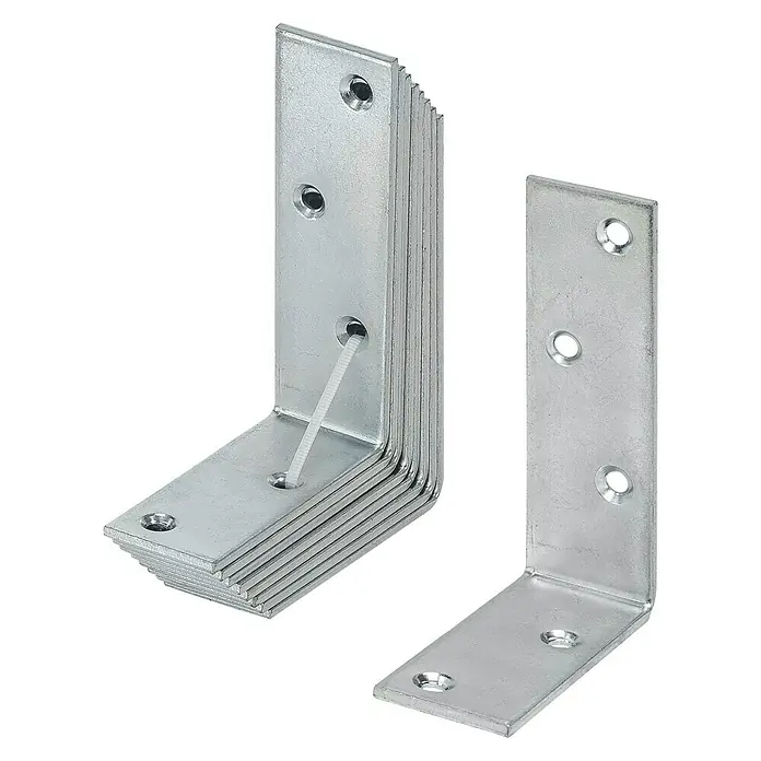 Stabilit Escuadra para vigas - L x An x Al: 100 x 75 x 30 mm, Zincado, Acero, Plateado - Imagen de escuadras de ángulo metálicas, utilizadas para montaje y fijación, ideales para proyectos de bricolaje y aplicaciones de construcción.