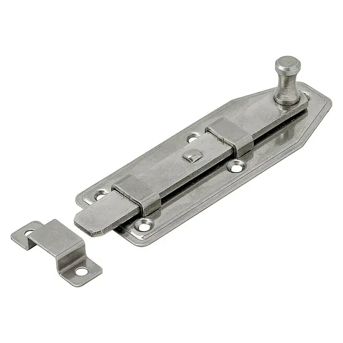 Stabilit Fensterriegel - L x B: 80 x 30 mm, Edelstahl - Nahaufnahme eines silberfarbenen Türriegels mit einem Schiebebolzen und einem Befestigungselement auf einem schwarzen Hintergrund.