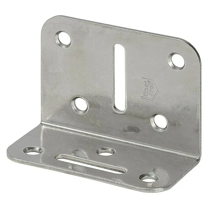 Stabilit Winkelverbinder - L x B x H: 70 x 35 x 50 mm, Edelstahl - Ein verzinkter Winkelverbinder mit mehreren Löchern und einem länglichen Schlitz zur Befestigung. Ideal für Konstruktionen und Verbindungen.
