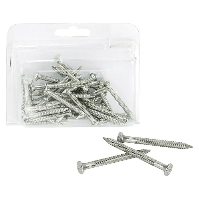 Vormann Ankernägel - Durchmesser: 4 mm, Länge: 50 mm, 50 Stk., Edelstahl - Eine Packung silberner Schraubnägel und einzelne Schraubnägel. Perfekt für Bauprojekte und Reparaturen mit diesen robusten Befestigungselementen.