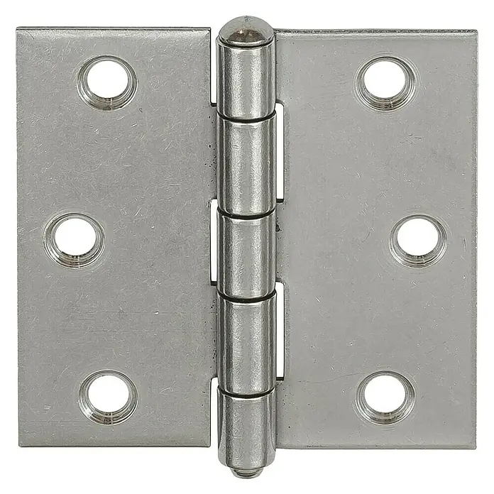 Stabilit ScharnierB x H: 76 x 76 mm, Edelstahl - Nahaufnahme eines glänzenden Türscharniers aus Metall mit runden Aussparungen und einem Stift in der Mitte.