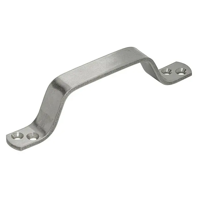 Stabilit Handgriff - L x H: 160 x 20 mm, Edelstahl, Edelstahl - Silberner Türgriff aus Metall mit Befestigungslöchern auf schwarzem Hintergrund.