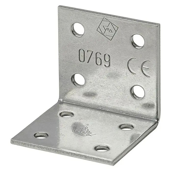 Stabilit Winkelverbinder - L x B x H: 50 x 50 x 40 mm, Edelstahl - Metallwinkelverbinder mit Löchern und Markierungen für Holzkonstruktionen, ideal für stabile Verbindungen.