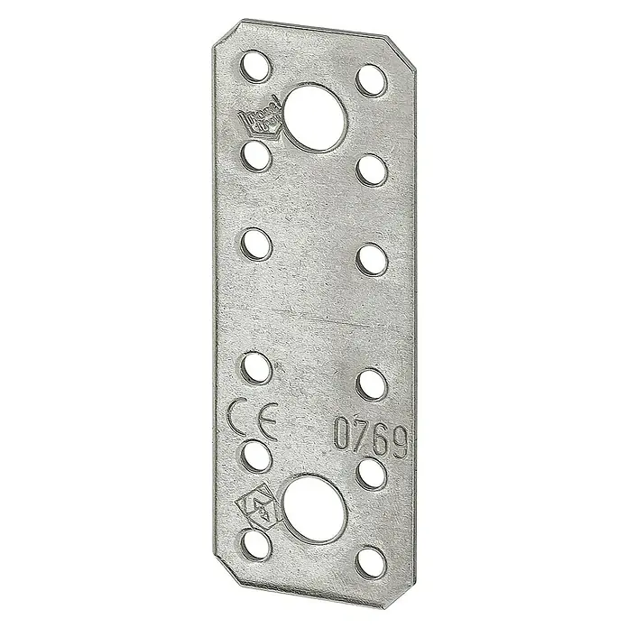 Stabilit Flachverbinder - L x B: 135 x 55 mm, Edelstahl - Metallverbinderplatte mit Löchern und Kennzeichnungen.