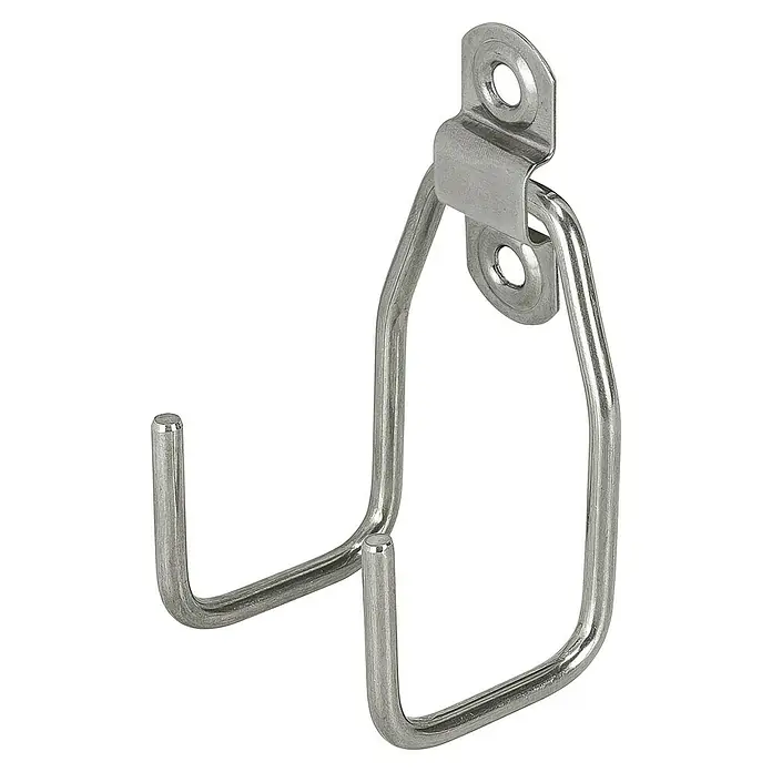 Vormann Universalhalterung - L x B x H: 52 x 55 x 4,8 mm - Nahaufnahme eines verchromten Wandhaken, der sich ideal für die Aufbewahrung von Gegenständen in Garagen oder Werkstätten eignet.