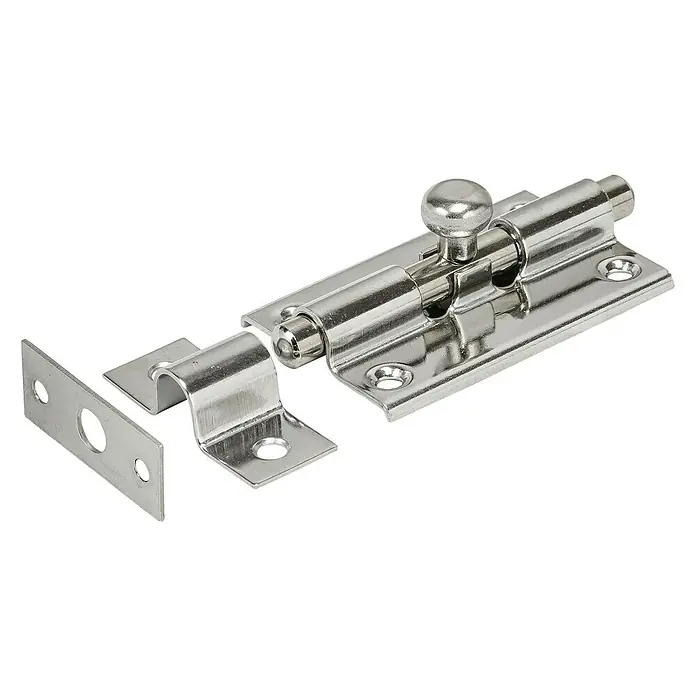 Stabilit Grendelriegel - L x B: 55 x 35 mm, Edelstahl - Ein silberner Schubriegel mit Schraubenlöchern, der für zusätzliche Sicherheit an Türen und Toren verwendet wird.