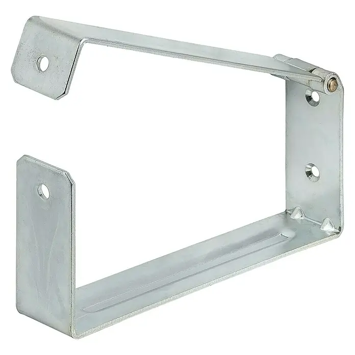 Vormann Leitersicherung - L x B x H: 200 x 90 x 40 mm, Traglast: 15 kg, Verzinkt - Ein verzinkter Rohrschellenhalter mit Löchern und einer Scharnierbefestigung zur sicheren Befestigung von Rohren.