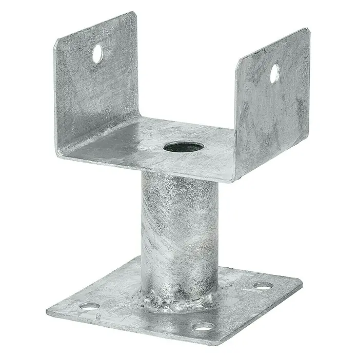 Aufschraub-Stützenschuh - L x B x H: 140 x 120 x 80 mm - Stahl verzinkter Pfostenträger mit U-Form und quadratischer Basis. Ideal für den sicheren Halt von Holzpfosten im Außenbereich, robust und langlebig.
