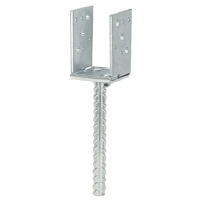 Vormann Verstellbarer Stützenschuh - L x B x H: 140 x 70 x 315 mm - Produktansicht eines feuerverzinkten U-Pfostenträgers mit aufgeschweißtem Bewehrungsstab zum Einbetonieren. Ideal für Fundamente.