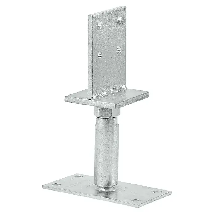 Vormann Verstellbarer Stützenschuh - L x B x H: 150 x 80 x 70 mm - Produktabbildung eines verstellbaren Pfostenträgers aus verzinktem Stahl für den Außenbereich, ideal für Holzkonstruktionen.