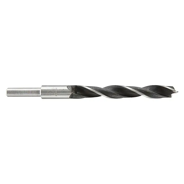 Wolfcraft Holzbohrer - Durchmesser Bohrer: 12 mm, Länge: 151 mm, 1 Stk. - Nahaufnahme eines Spiralbohrers mit Schaft und Wendelnut. Das Werkzeug ist für präzise Bohrarbeiten konzipiert und besteht aus robustem Metall.