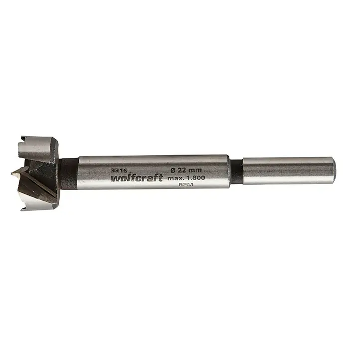 Wolfcraft Forstnerbohrer - Durchmesser Bohrer: 22 mm - Ein Wolfcraft Forstnerbohrer mit einem Durchmesser von 22 mm und einer maximalen Drehzahl von 1.800 U/min.