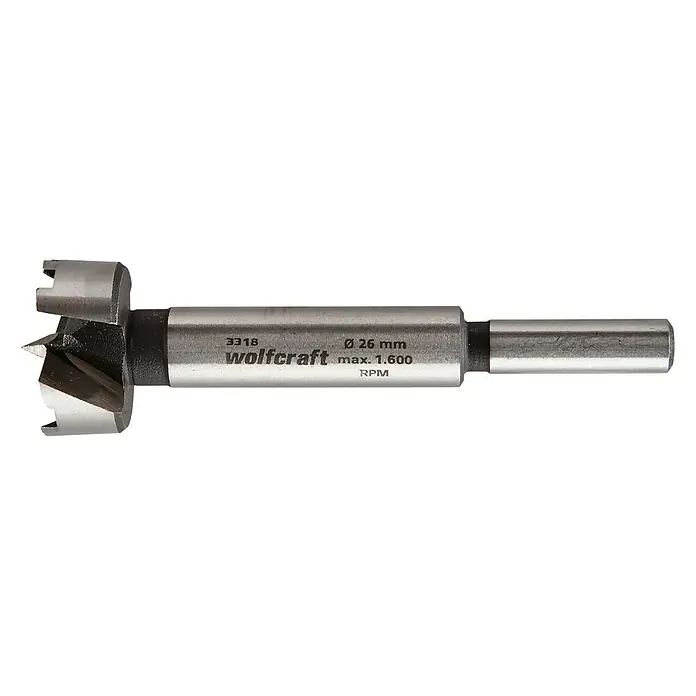 Wolfcraft Forstnerbohrer - Durchmesser Bohrer: 26 mm - Das Bild zeigt einen Wolfcraft Forstnerbohrer mit einem Durchmesser von 26 mm und einer maximalen Drehzahl von 1.600 RPM.