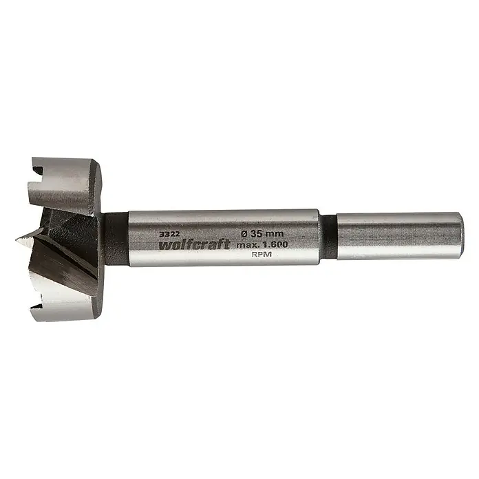 Wolfcraft Forstnerbohrer - Durchmesser Bohrer: 35 mm - Das Bild zeigt einen Wolfcraft Forstnerbohrer mit einem Durchmesser von 35 mm und einer maximalen Drehzahl von 1.600 U/min.