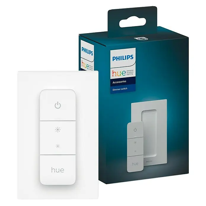 Philips Hue Dimmcontroller V2 - L x B x H: 1,5 x 8 x 12,5 cm - Philips Hue Dimmer Switch mit zugehöriger Verpackung. Das Produkt ermöglicht eine einfache Steuerung der Beleuchtung.