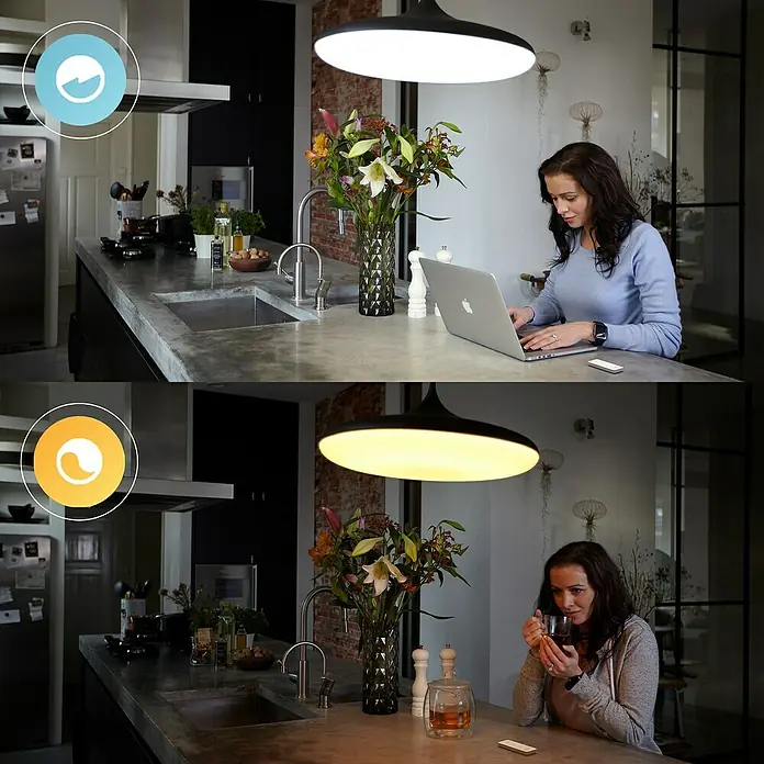 Philips Hue Dimmcontroller V2 - L x B x H: 1,5 x 8 x 12,5 cm - Vergleich von LED-Pendelleuchten: Kaltweiß für Arbeit, Warmweiß für Entspannung. Unterschiedliche Lichtstimmungen für jeden Anlass.