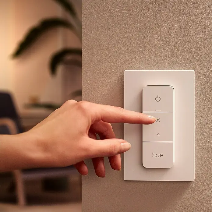 Philips Hue Dimmcontroller V2 - L x B x H: 1,5 x 8 x 12,5 cm - Ein Finger drückt den Dimmknopf an einem Philips Hue Smart Dimmer Schalter, der an einer Wand montiert ist.