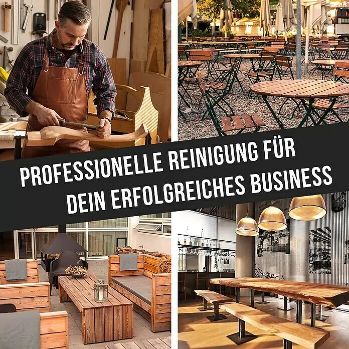 Urban Forest Premium Möbelpolitur - 500 ml - Collage von Geschäftsumgebungen: Werkstatt, Außencafé, Terrasse, modernes Restaurant. Wirbt für professionelle Reinigungsdienste.