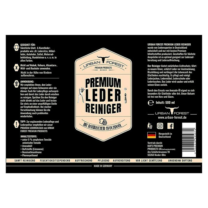 Urban Forest Premium Lederreiniger500 ml, Flasche mit Sprühkopf Top View