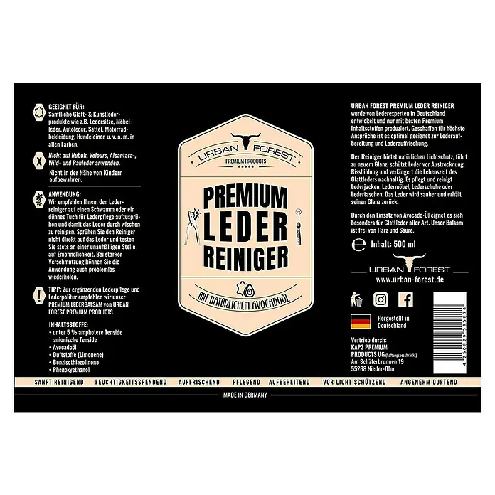 Urban Forest Premium Lederreiniger - 500 ml, Flasche mit Sprühkopf - Produktbild des Urban Forest Premium Leder Reinigers mit Avocadoöl, ideal für die Lederpflege.