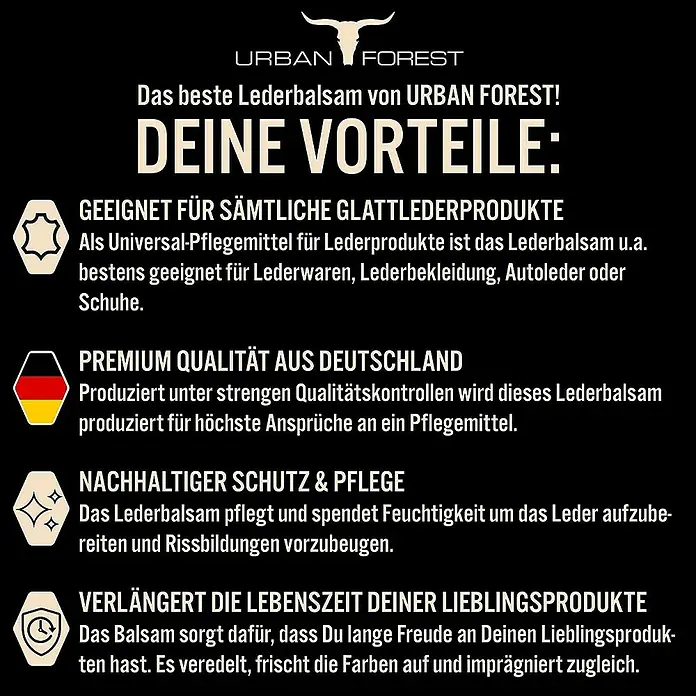 Urban Forest Premium Pflegemittel Lederbalsam - 250 ml - URBAN FOREST Lederbalsam Vorteile: Geeignet für Glattleder, Premium Qualität, nachhaltiger Schutz und verlängert die Lebenszeit.