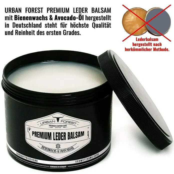 Urban Forest Premium Pflegemittel Lederbalsam - 250 ml - Dose Urban Forest Premium Leder Balsam mit Bienenwachs & Avocado-Öl, hergestellt in Deutschland für höchste Qualität.