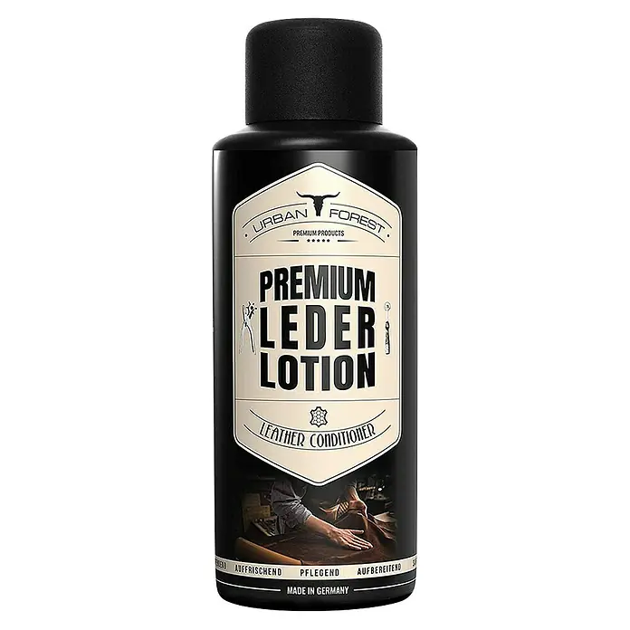 Urban Forest Premium Pflegemittel Lederlotion - 500 ml, Flasche - Abbildung einer Flasche Urban Forest Premium Lederlotion, einem Lederpflegemittel, das in Deutschland hergestellt wird.