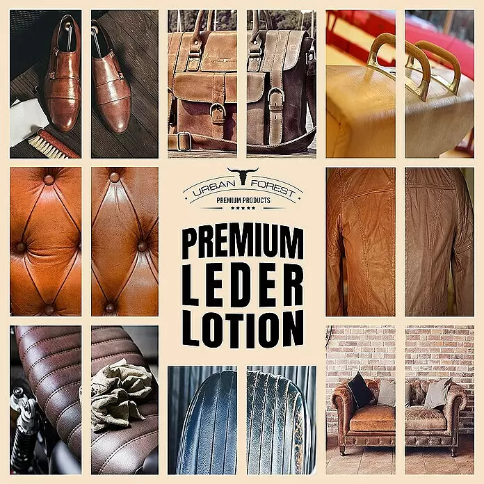 Urban Forest Premium Pflegemittel Lederlotion - 500 ml, Flasche - Collage aus verschiedenen Premium-Lederprodukten wie Schuhen, Taschen, Jacken und Möbeln, die eine Lederlotion bewirbt.