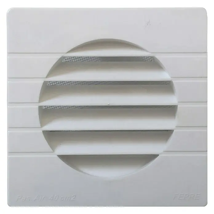 Rejilla de ventilación empotrable a tubo GETM - 14 x 14 cm, Blanco, Acrilo Styrol Butadieno (ABS) - Cubierta de ventilación cuadrada blanca con diseño de rejilla horizontal redonda y mosquitera, ideal para baños y cocinas.