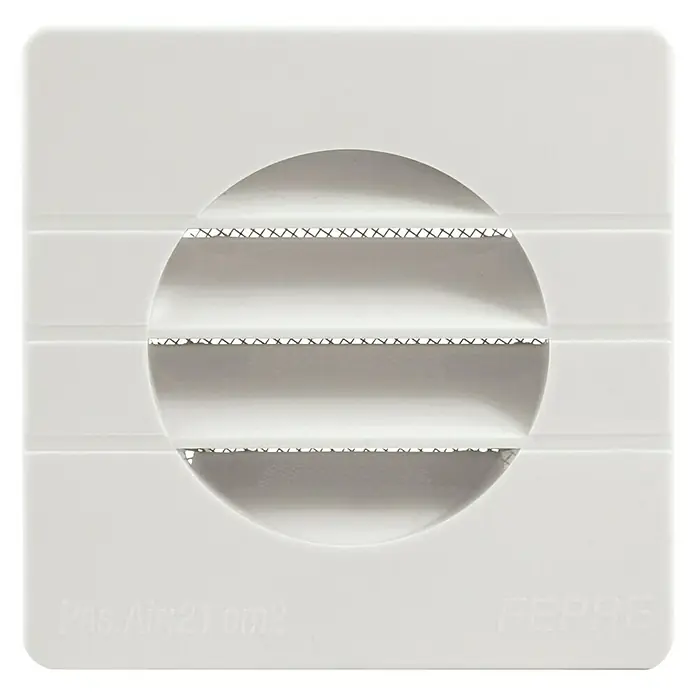 Rejilla de ventilación empotrable a tubo GETM - 12,5 x 12,5 cm, Blanco, Acrilo Styrol Butadieno (ABS) - Placa de válvula de aire de impulsión y extracción cuadrada blanca con un recorte redondo a través del cual se ven las lamas.