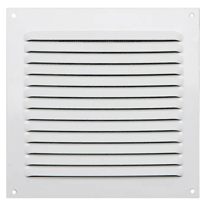 Rejilla de ventilación sin mosquitera - 15 x 15 cm, Aluminio - Primer plano de una rejilla de ventilación cuadrada blanca con listones horizontales y cuatro orificios de montaje.