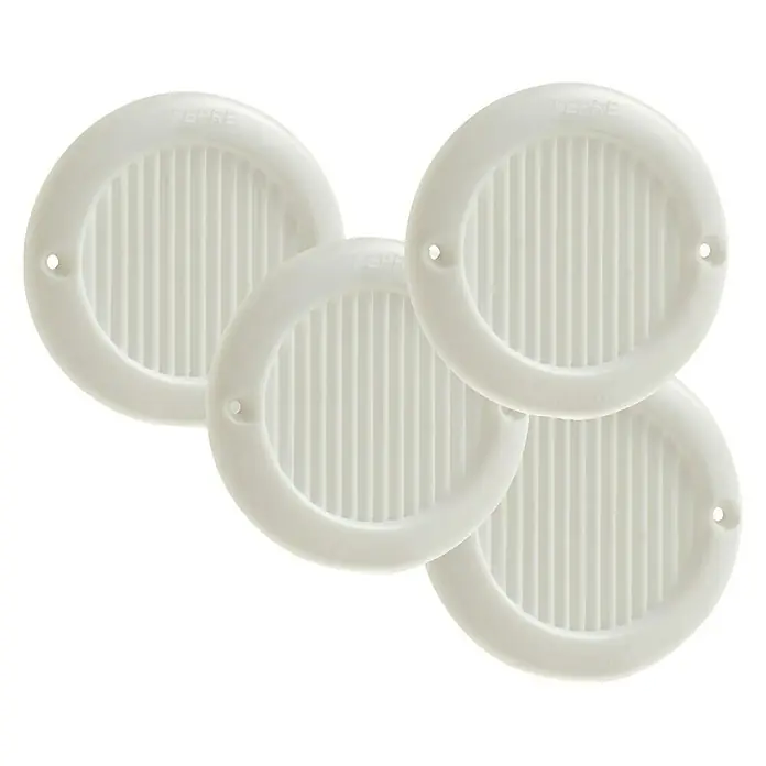 Rejilla de ventilación kit atornillable - Diámetro: 64 mm, Blanco, Acrilo Styrol Butadieno (ABS), 4 ud. - Primer plano de cuatro rejillas de ventilación redondas blancas con orificios para tornillos sobre un fondo negro, diseñadas para mejor ventilación.