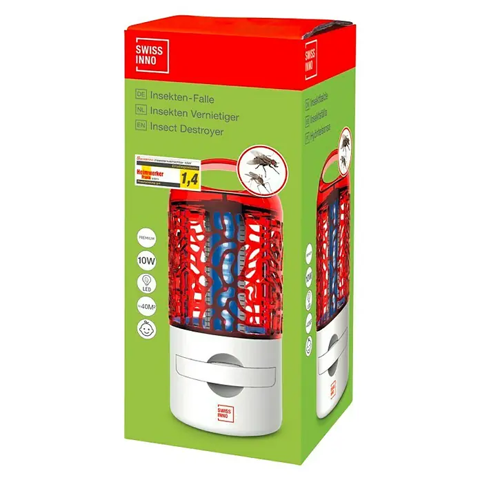 Swissinno Insektenvernichter LED - 10 W, Wirkungsbereich: 40 m² - Verpackung des Swiss Inno Insektenvernichters, der Insekten mit 10W LED-Licht anlockt und auf bis zu 40m² wirkt.