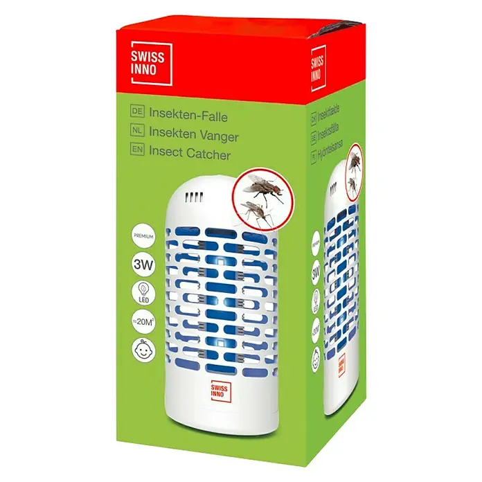 Swissinno Insektenvernichter LED Mini - 3 W, Wirkungsbereich: 20 m² - Produktverpackung für Swiss Inno Insektenfänger: effektive Falle, um Insekten in Innenräumen zu kontrollieren, mit LED-Licht.
