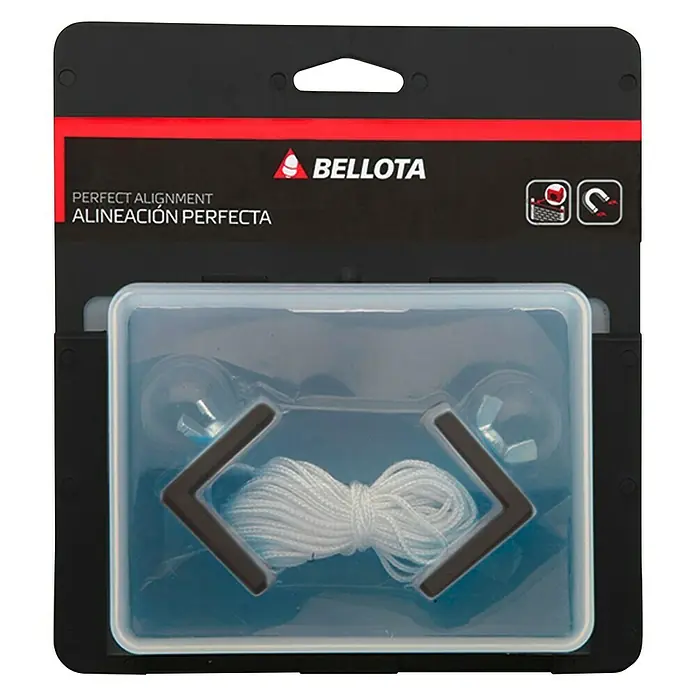 Bellota Escuadra magnética - Aluminio, Alineación de ladrillos - Imagen de una guía de alineación Bellota con dos ventosas y cordel, empaquetada para su venta. Ideal para alineaciones precisas.