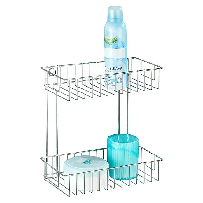 Wenko Classic Duschkorb - L x B x H: 14 x 24 x 26 cm, Chrom, Verchromt - Verchromter Duschkorb mit zwei Ablagen, bestückt mit Deospray und Hautpflegeprodukten, ideal für die Dusche oder Badewanne.